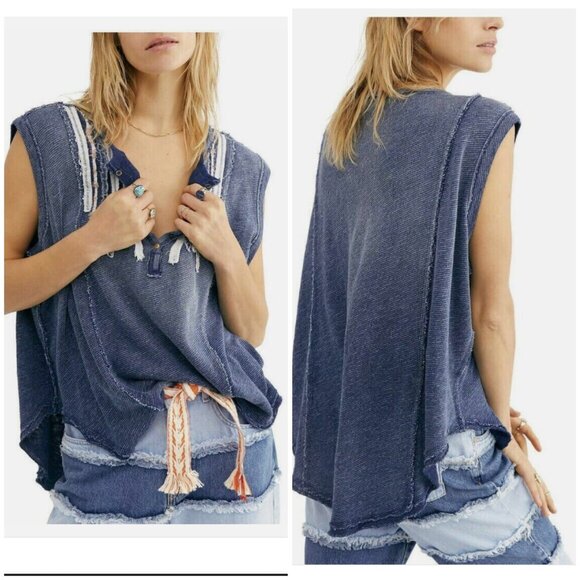 Free People Fray Mixed Harvey Muscle Indigo Combo oversized sleeveless Top Small - Picture 1 of 15